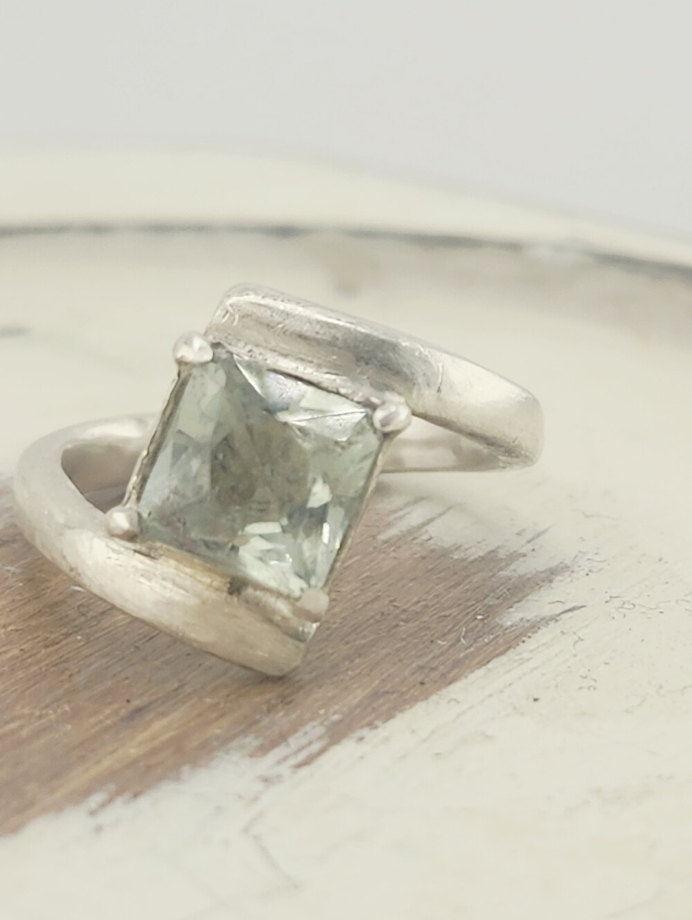 PRASIOLITE GEMSTONE RING HANDMADE IN STERLING SILVEL RECYCLE METAL SIZE 7